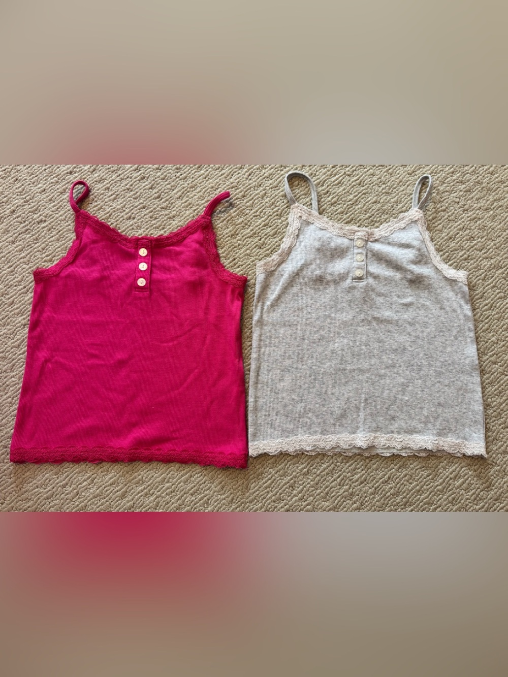 2 Abercrombie Kids Girls' Lace-Trim Ribbed Tank Tops - Pink and Grey  Size 9/10